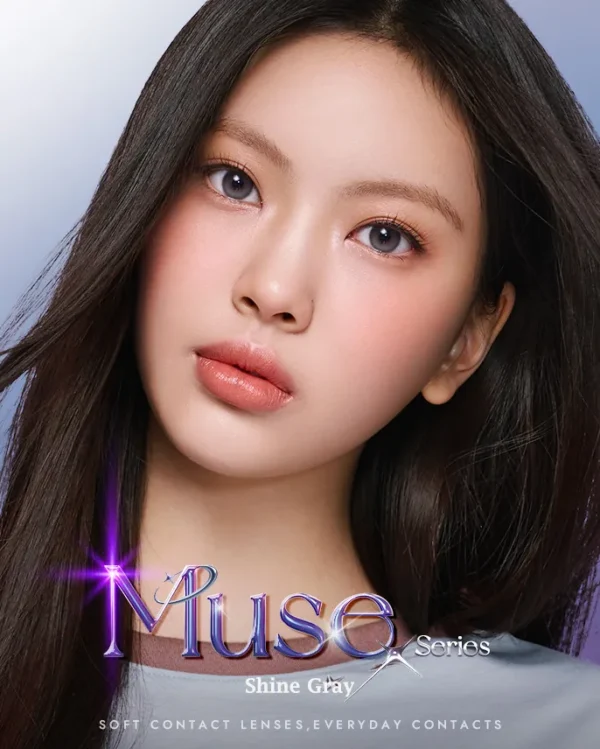 OLENS Muse Shine Gray 產品包裝：韓國高品質隱形眼鏡兩片裝，專為亞洲人眼型設計的 8.6 基弧。